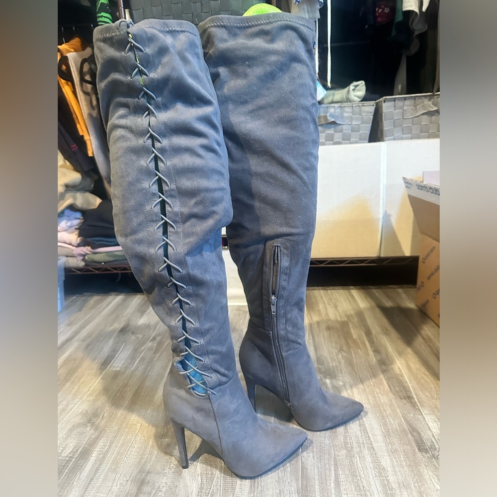 Sexy over the knee gray boots.  Brand new, never been worn.